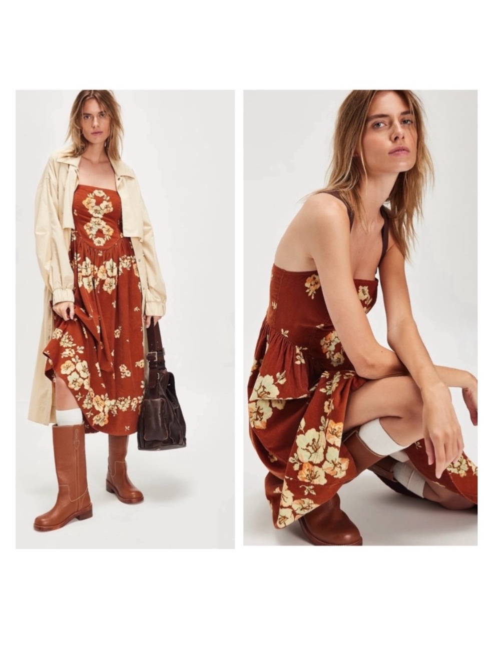 FREE PEOPLE Until Dawn Midi Dress Floral Cinnamon Combo -Rust-color Size L Large